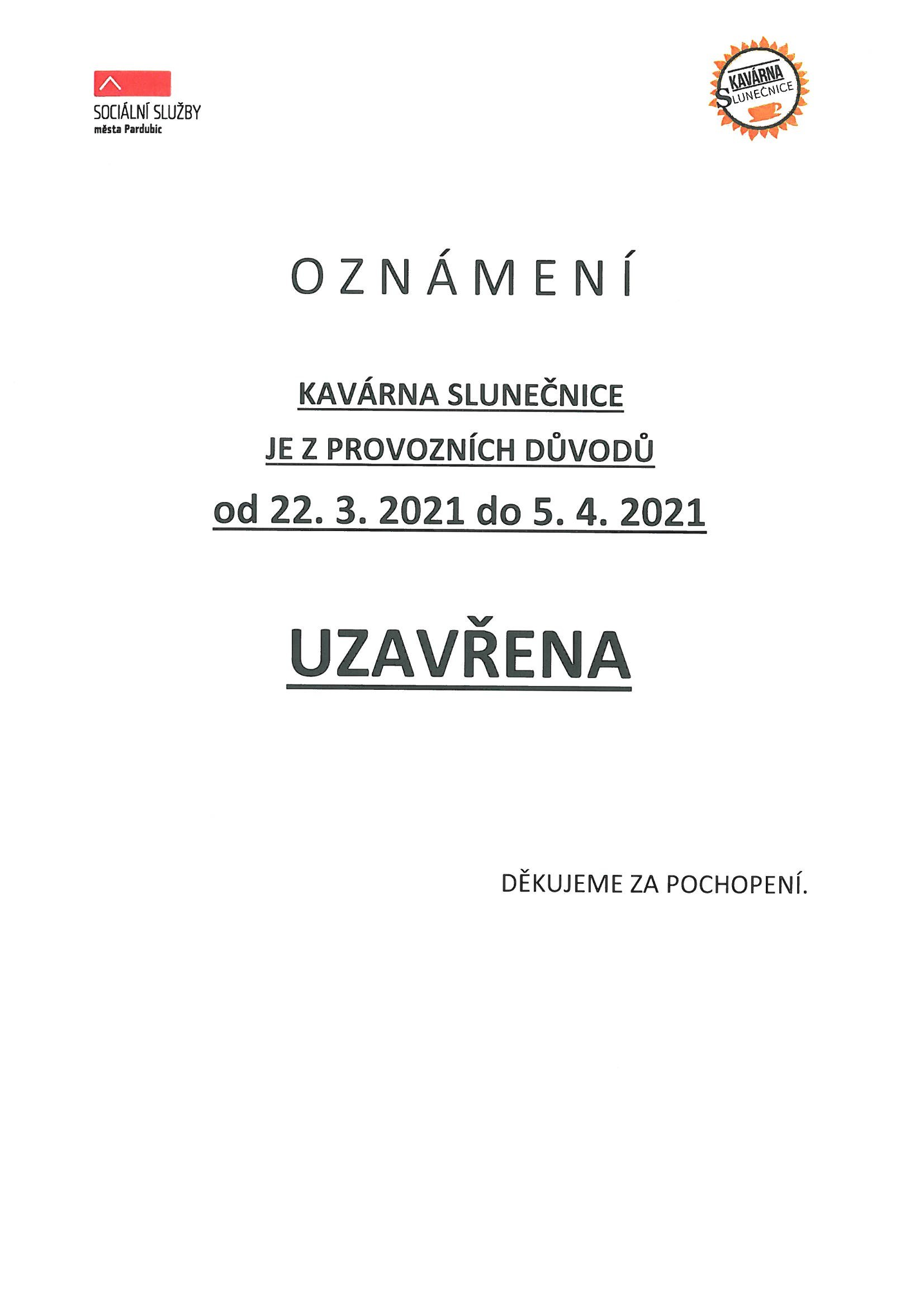Uzavření kavárny od 22. 3. do 5. 4. 2021